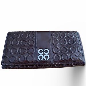 COACH, JULIA, BROWN-EMBOSSED OP ART PATENT LEATHER WALLET